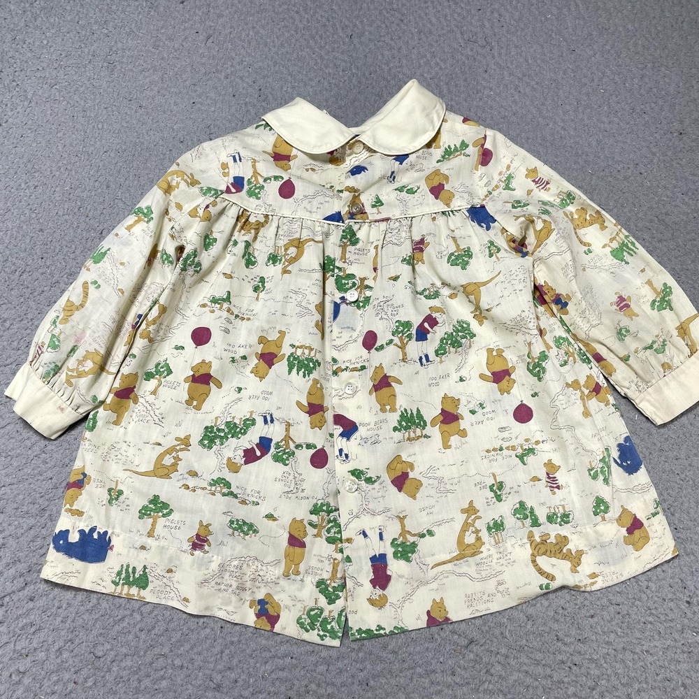 Vintage Sears Dress Girls 5 Multicolor Winnie The Pooh Map Print Trapeze Smock